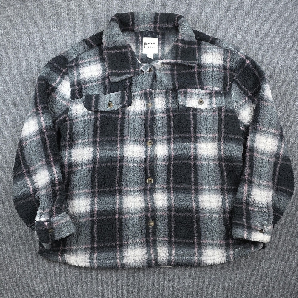 New York Laundry Jacket Womens XL Gray Plaid Fleece Button Front Cozy Shacket